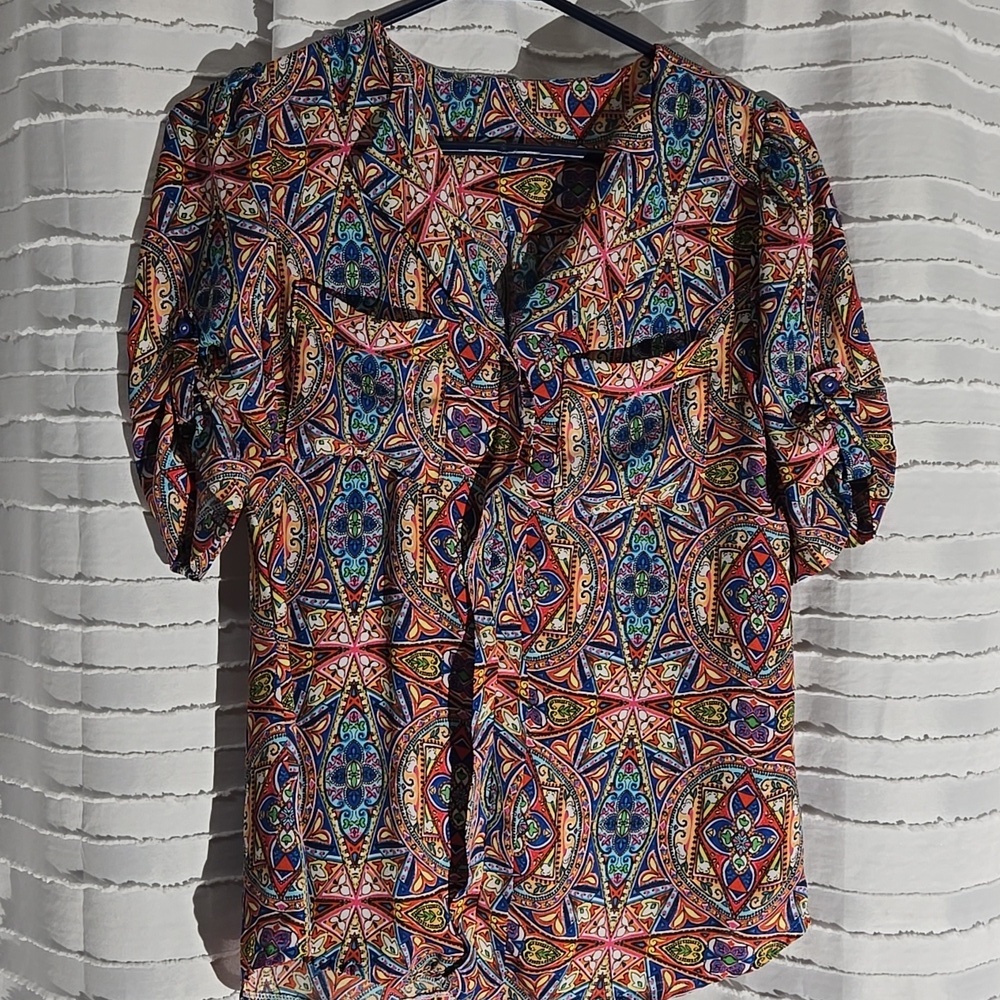 3/$10 Vibrant Blue and Orange Fitted Ruffled 3/4 Sleeve Blouse - Picture 5 of 6